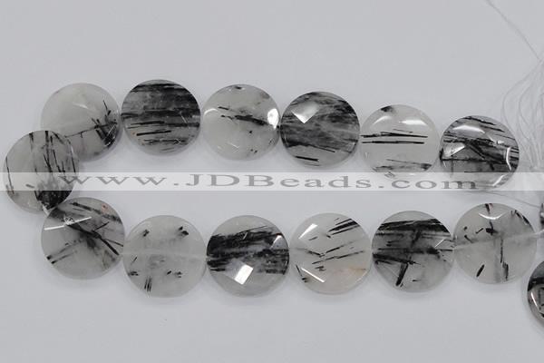 CRU95 15.5 inches 30mm faceted coin black rutilated quartz beads