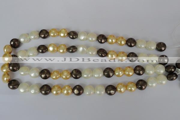 CSB185 15.5 inches 12mm flat round mixed color shell pearl beads