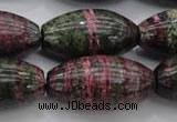 CSJ274 15.5 inches 15*30mm rice dyed green silver line jasper beads