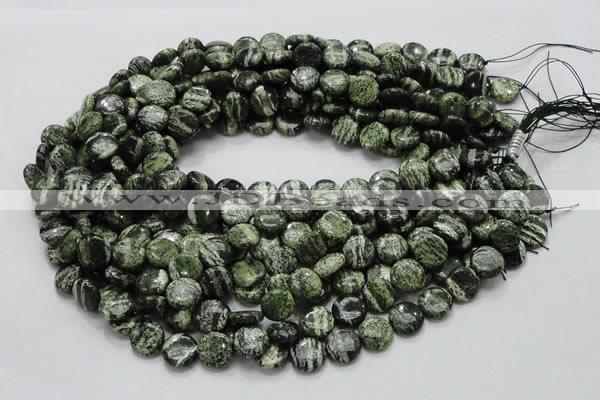 CSJ42 15.5 inches 12mm flat round green silver line jasper beads