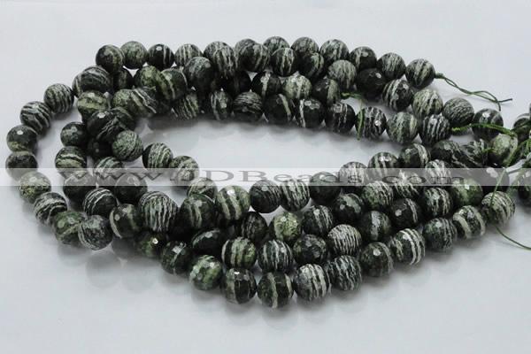 CSJ67 15.5 inches 14mm faceted round green silver line jasper beads