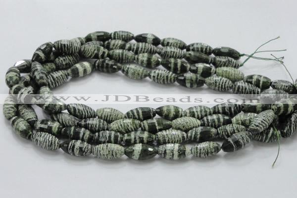 CSJ72 15.5 inches 10*20mm faceted rice green silver line jasper beads