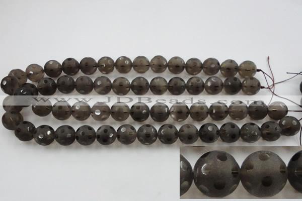 CSQ254 15.5 inches 14mm carved round matte smoky quartz beads