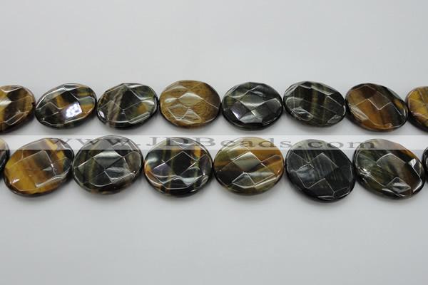 CTE1358 15.5 inches 30mm faceted coin yellow & blue tiger eye beads