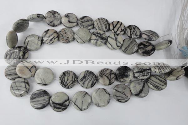 CTJ208 15.5 inches 20mm flat round black water jasper beads wholesale