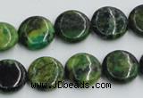 CTP08 15.5 inches 14mm flat round yellow green pine gemstone beads