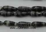 CTR10 15.5 inches 6*16mm faceted teardrop green silver line jasper beads