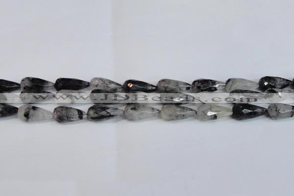 CTR302 15.5 inches 12*25mm faceted teardrop black rutilated quartz beads