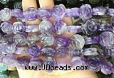 FGBS141 15 inches 14mm carved rose flower amethyst beads