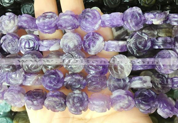 FGBS141 15 inches 14mm carved rose flower amethyst beads