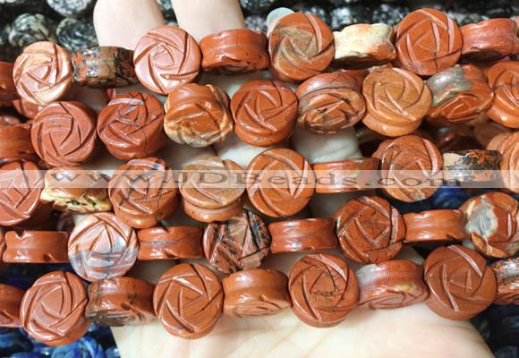 FGBS153 15 inches 14mm carved rose flower red jasper beads