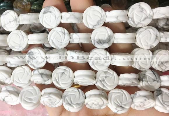 FGBS154 15 inches 14mm carved rose flower white howlite beads