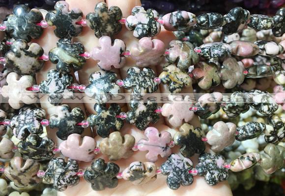 FGBS184 15 inches 15mm carved five petal flower black veined rhodonite beads wholesale