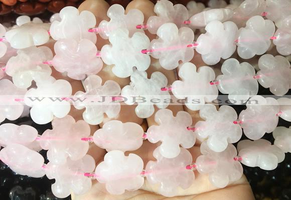 FGBS195 15 inches 20mm carved 5 petal flower rose quartz beads wholesale