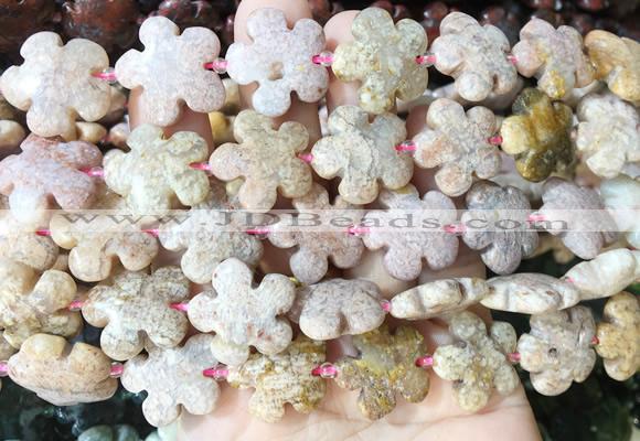 FGBS204 15 inches 20mm carved 5 petal flower pink ocean agate beads wholesale