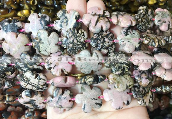 FGBS209 15 inches 20mm carved 5 petal flower black veined rhodonite beads wholesale