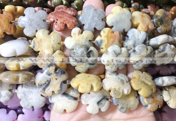 FGBS211 15 inches 20mm carved 5 petal flower yellow crazy agate beads wholesale