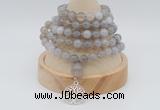 GMN1189 Hand-knotted 8mm, 10mm grey banded agate 108 beads mala necklaces with charm