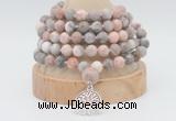 GMN1262 Hand-knotted 8mm, 10mm pink zebra jasper 108 beads mala necklaces with charm