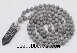 GMN1444 Hand-knotted 8mm, 10mm grey picture jasper 108 beads mala necklace with pendant