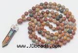 GMN1532 Hand-knotted 8mm, 10mm picasso jasper 108 beads mala necklace with pendant