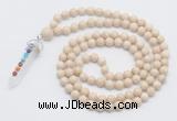 GMN1554 Knotted 8mm, 10mm white fossil jasper 108 beads mala necklace with pendant