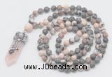 GMN1556 Knotted 8mm, 10mm pink zebra jasper 108 beads mala necklace with pendant