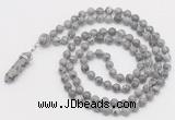 GMN1652 Hand-knotted 6mm grey picture jasper 108 beads mala necklaces with pendant