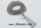 GMN1750 Knotted 8mm, 10mm grey agate 108 beads mala necklace with tassel & charm