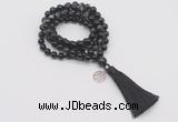 GMN1758 Knotted 8mm, 10mm black banded agate 108 beads mala necklace with tassel & charm