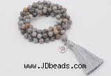 GMN1764 Knotted 8mm, 10mm silver needle agate 108 beads mala necklace with tassel & charm