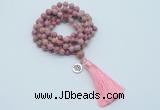 GMN1768 Knotted 8mm, 10mm pink fossil jasper 108 beads mala necklace with tassel & charm