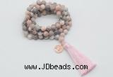 GMN1770 Knotted 8mm, 10mm pink zebra jasper 108 beads mala necklace with tassel & charm