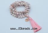 GMN1807 Knotted 8mm, 10mm natural pink opal 108 beads mala necklace with tassel & charm