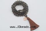 GMN1819 Knotted 8mm, 10mm smoky quartz 108 beads mala necklace with tassel & charm