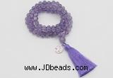 GMN1821 Knotted 8mm, 10mm amethyst 108 beads mala necklace with tassel & charm