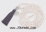 GMN1856 Knotted 8mm, 10mm faceted Tibetan agate 108 beads mala necklace with tassel & charm