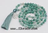 GMN1863 Knotted 8mm, 10mm green banded agate 108 beads mala necklace with tassel & charm