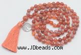 GMN1866 Knotted 8mm, 10mm fire agate 108 beads mala necklace with tassel & charm