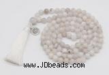 GMN1871 Knotted 8mm, 10mm white crazy agate 108 beads mala necklace with tassel & charm