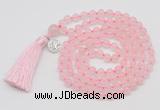 GMN1872 Knotted 8mm, 10mm rose quartz 108 beads mala necklace with tassel & charm