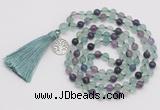 GMN1884 Knotted 8mm, 10mm fluorite 108 beads mala necklace with tassel & charm