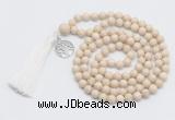 GMN1889 Knotted 8mm, 10mm white fossil jasper 108 beads mala necklace with tassel & charm