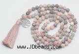 GMN1890 Knotted 8mm, 10mm pink zebra jasper 108 beads mala necklace with tassel & charm