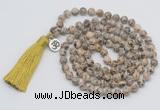 GMN1893 Knotted 8mm, 10mm feldspar 108 beads mala necklace with tassel & charm