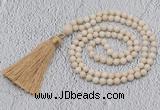 GMN200 Hand-knotted 6mm white fossil jasper 108 beads mala necklaces with tassel