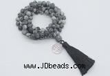 GMN2011 Knotted 8mm, 10mm matte black water jasper 108 beads mala necklace with tassel & charm