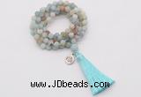 GMN2023 Knotted 8mm, 10mm matte amazonite 108 beads mala necklace with tassel & charm