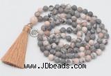 GMN2029 Knotted 8mm, 10mm matte pink zebra jasper 108 beads mala necklace with tassel & charm