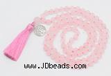 GMN2035 Knotted 8mm, 10mm matte rose quartz 108 beads mala necklace with tassel & charm